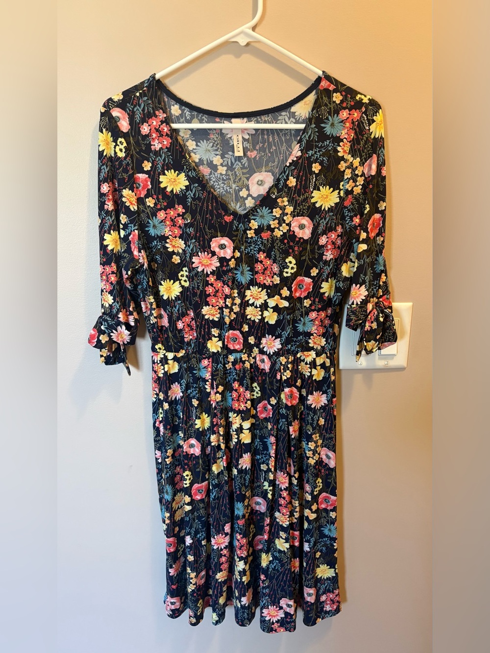 ModCloth Navy Floral Midi Dress with V-Neck